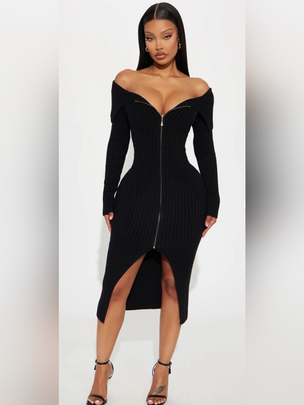 Black Off-Shoulder Zip-Front Ribbed Midi Sweater Dress